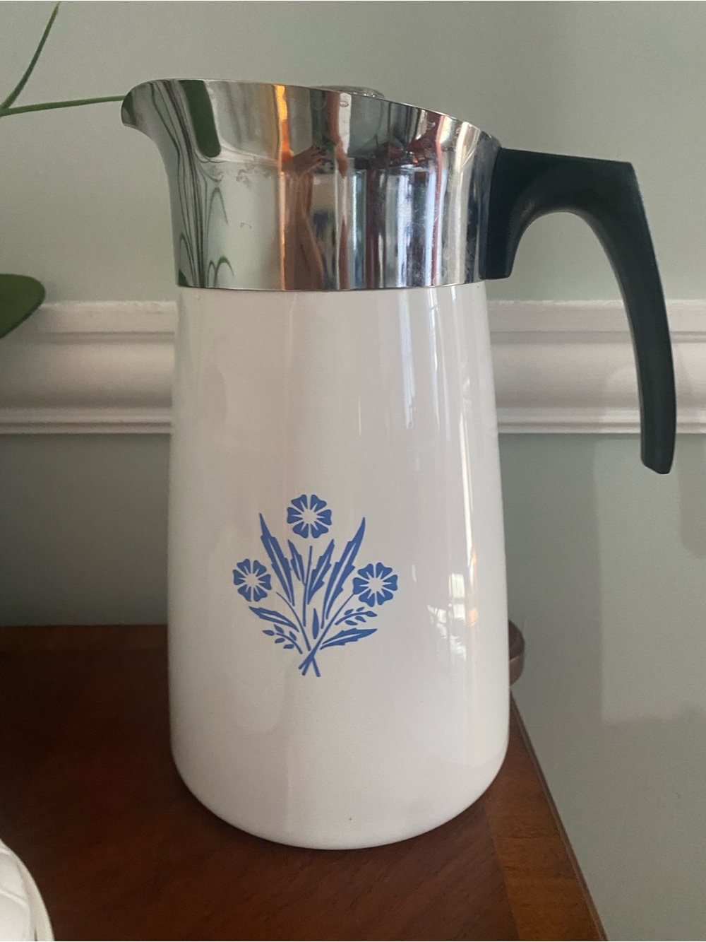 Corning Ware White Thermal Pitcher with Blue Floral Motif and Black Handle